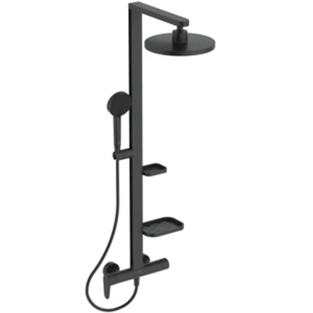 Duschsystem von Ideal Standard mit schwarzem Finish, bestehend aus einem Kopfbrausearm, einer Handbrause und zwei Ablagen.
